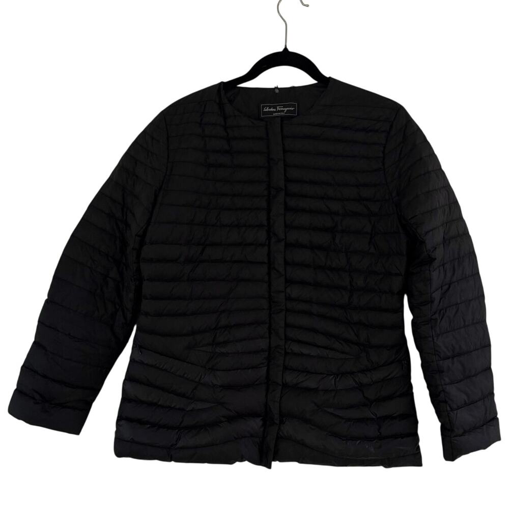 Salvatore Ferragamo Italy Black Puffer Coat 90/10 Goose Down Gancini Chain IT 46